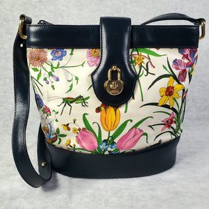 [SOLD] Gucci Flora Canvas & Blue Leather Floral Drawstring Bucket Bag